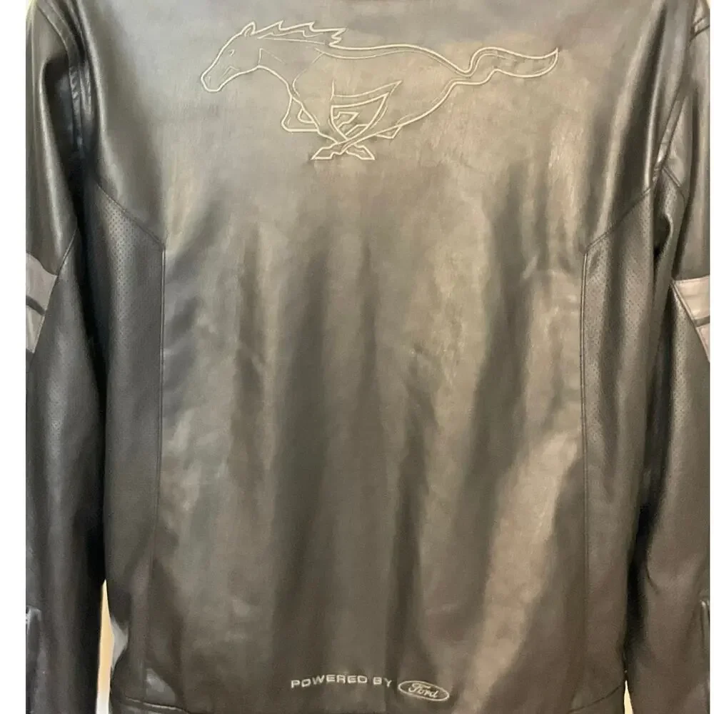 Ford Mustang Faux Leather Jacket Men’s XL Black Full Zip Embroidered Moto Coat